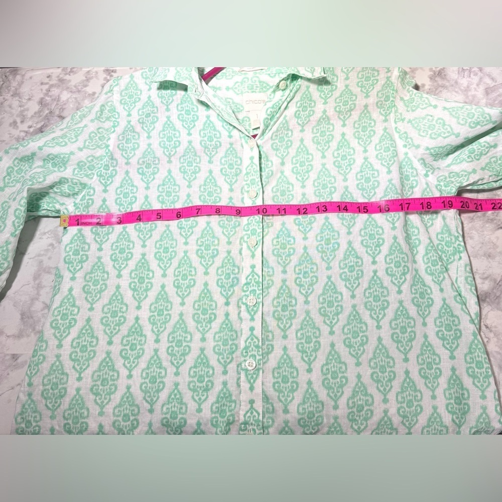 Chico's effortless 100% linen batik sina button up Mint Green Printed Shirt sz 1 - Picture 3 of 8